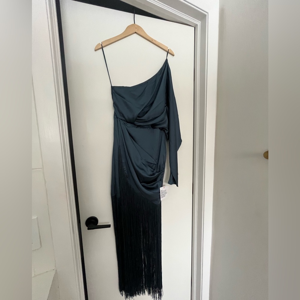 ASOS One-Shoulder Fringe Dress in Dark Teal